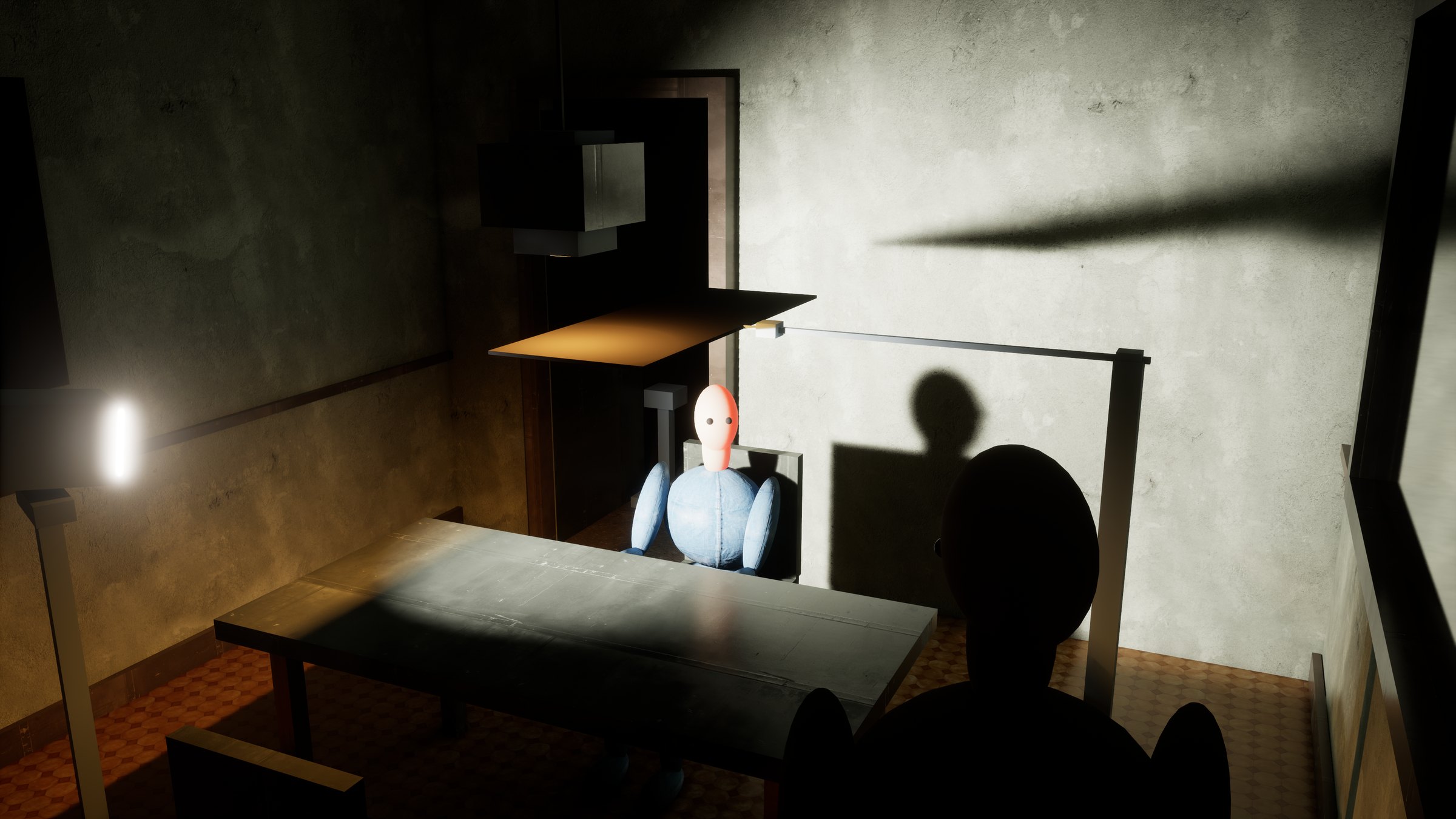 A frame from Midnight Set: a light and a black cutter shape the illumination on a seated mannequin and the wall behind it.